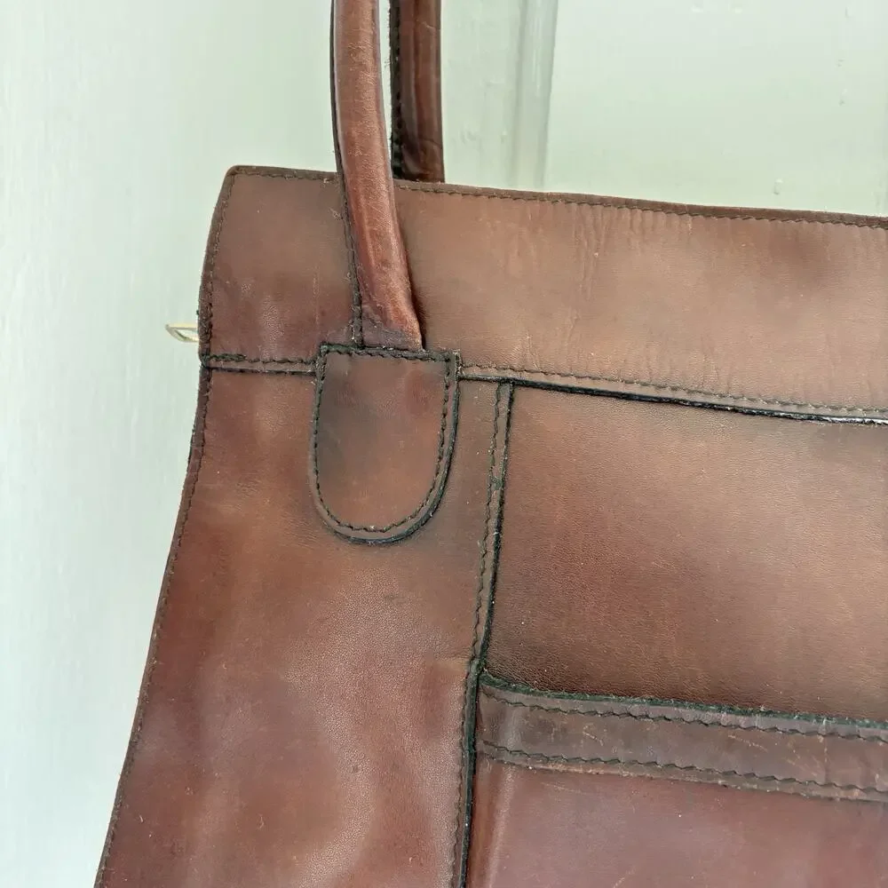 Vtg Genuine Cowhide Leather Tote Shoulder Bag Brown Made in Uruguay Large Purse